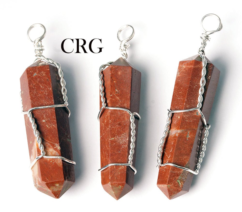 SET OF 4 - Red Jasper Silver Wire Wrapped Double Term. Point Pendant / 1" AvgCrystal River Gems