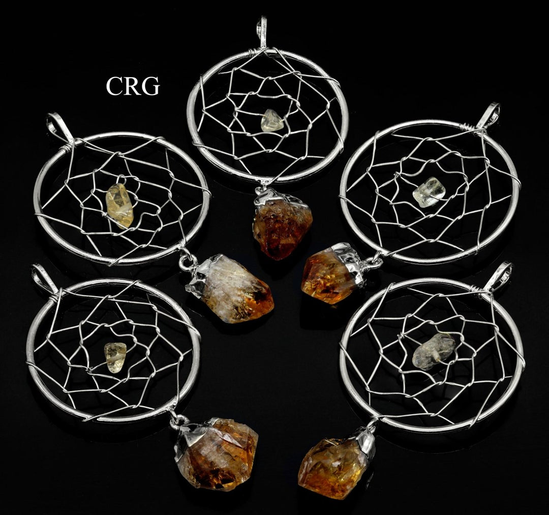 SET OF 4 - Silver Plated Dream Catcher Pendant with Citrine Point / 1-2" AVG