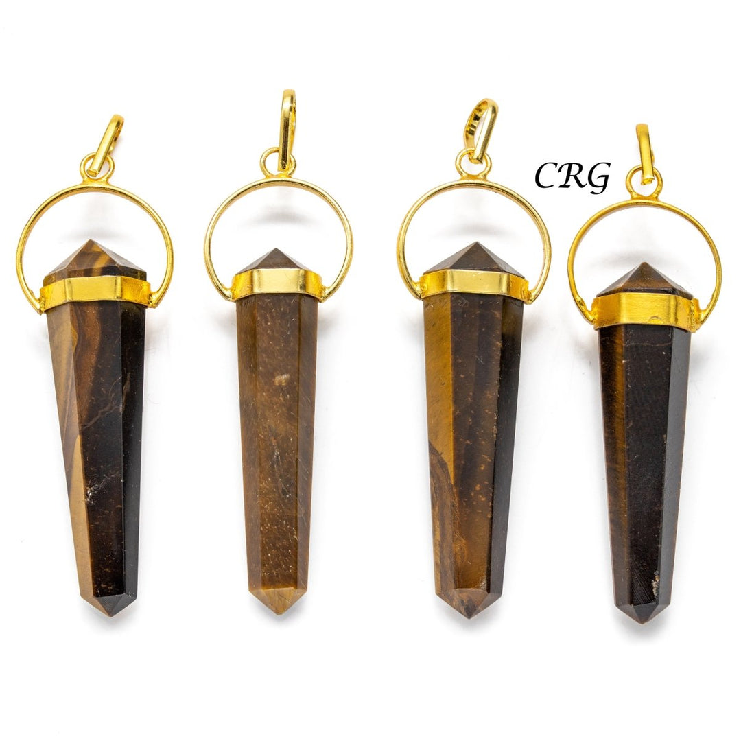 SET OF 4 - Tiger Eye Double Terminated Point Pendant w/ Gold Plating / 1" Avg