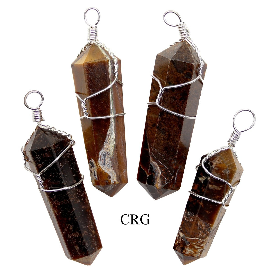 SET OF 4 - Tiger's Eye Double Terminated Point Pendant with Silver Wire / 1" AVG