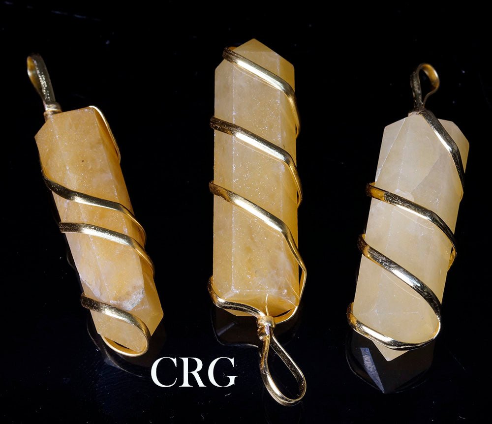 Yellow Quartz Pencil Point Pendant w/ Gold Wire Wrapping - 1" - Set of 4