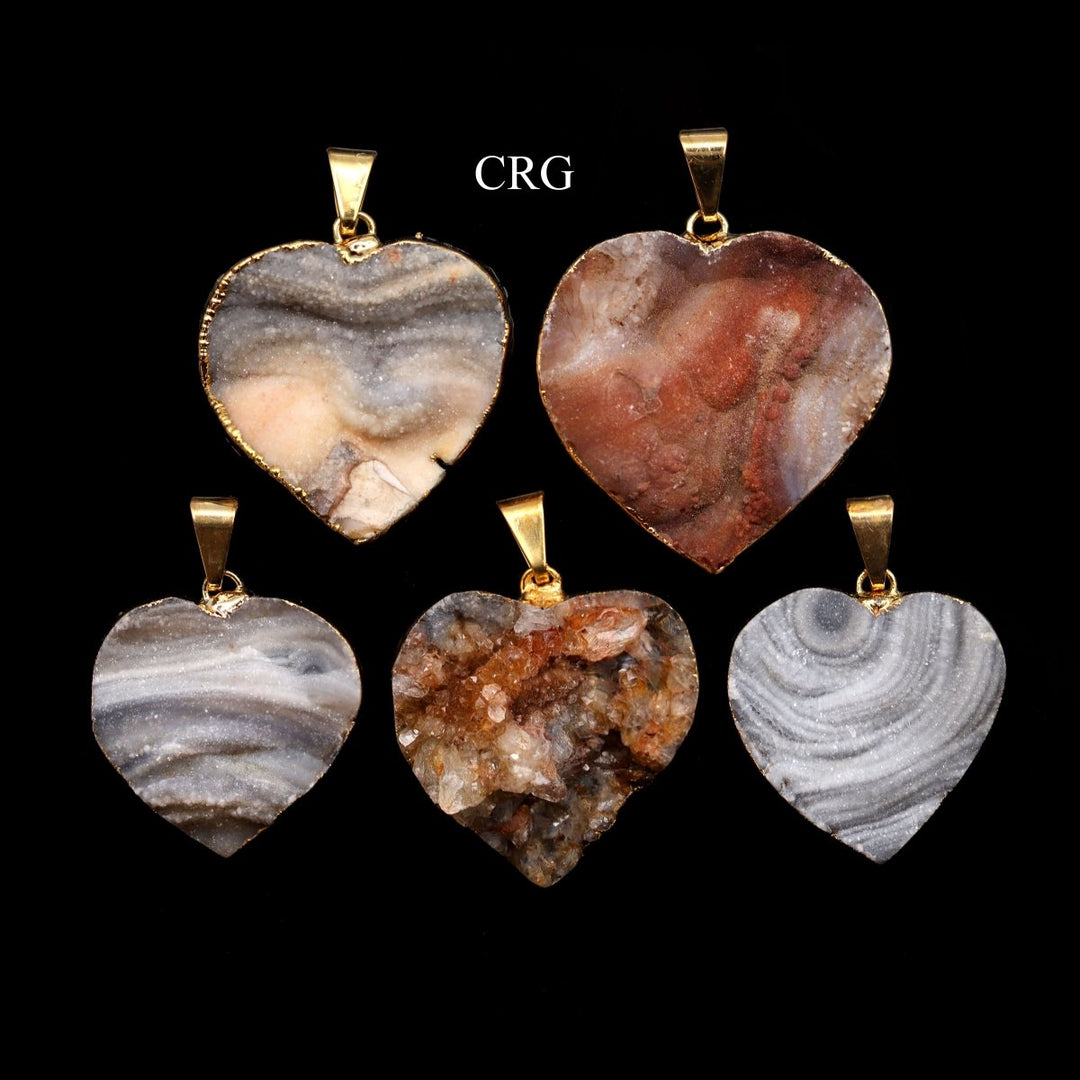 SET OF 6 - Chalcedony Agate Druzy Heart Pendant w/ Gold Plating