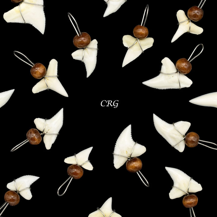 Shark Tooth Pendant with Wood Bead and Silver Wiring (4 Pieces) Size 15 mm Jewelry CharmCrystal River Gems