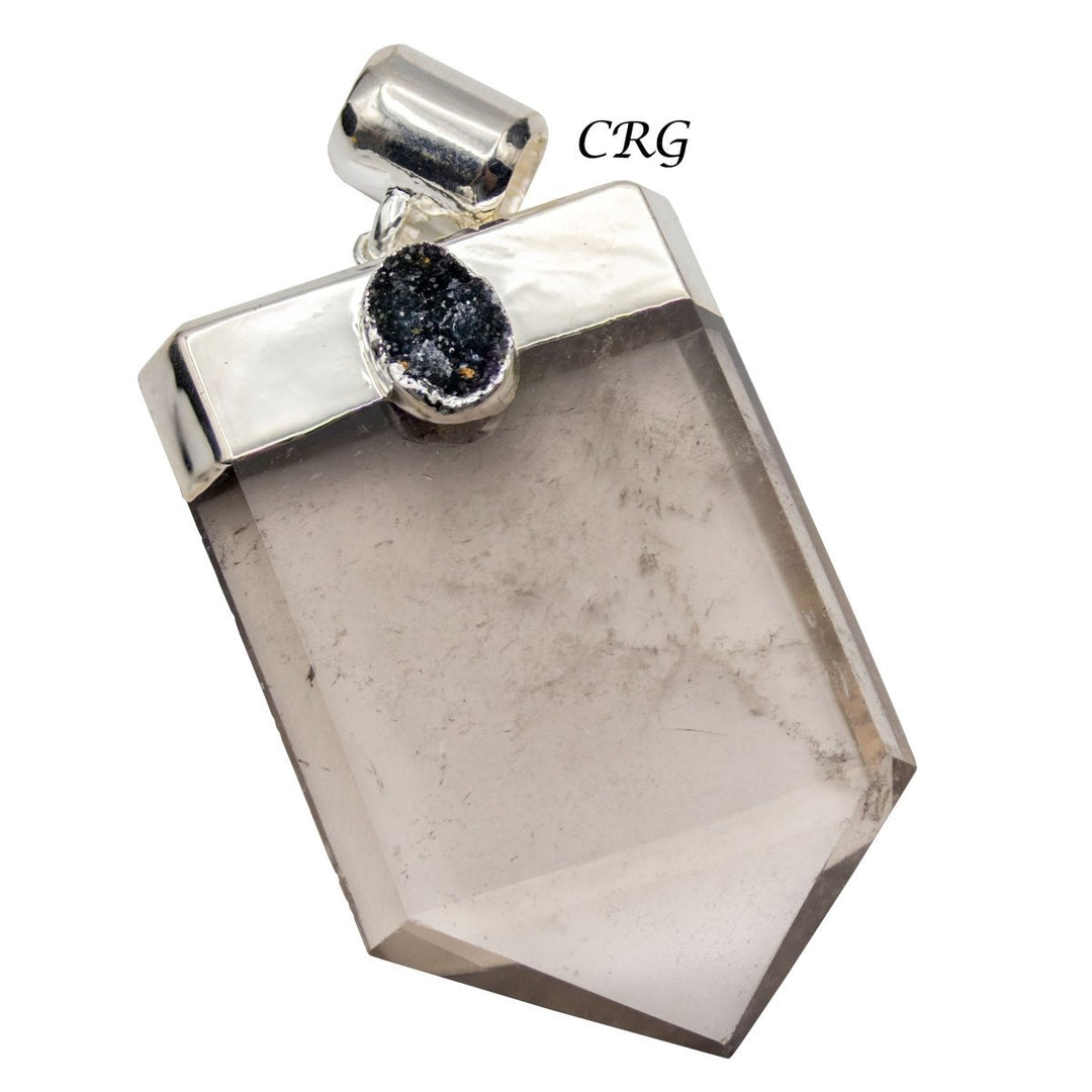 Smoky Quartz Flat Point Druzy Pendant with Silver Plating (1 Piece) Size 2.5 Inches Faceted Jewelry Charm
