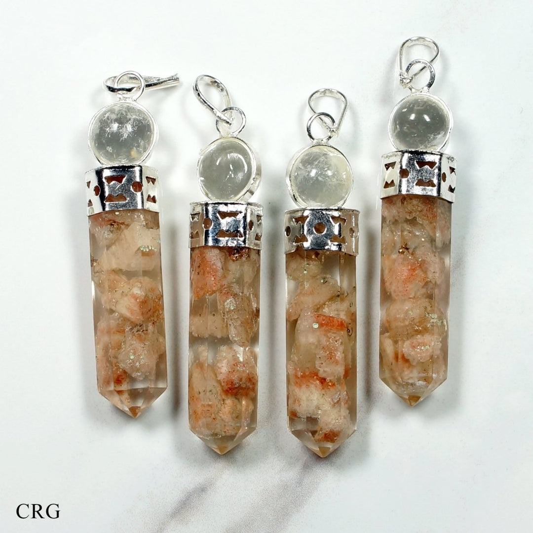 Sunstone Chip Orgonite Point Pendant with Crystal Ball and Silver Plating (4 Pieces) Size 1 Inch Faceted Crystal CharmCrystal River Gems