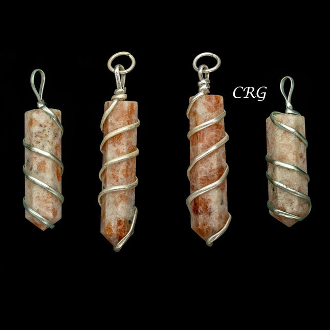 Sunstone Pencil Point Pendant with Silver Wire Wrapping (1 inch) (4 Pcs)