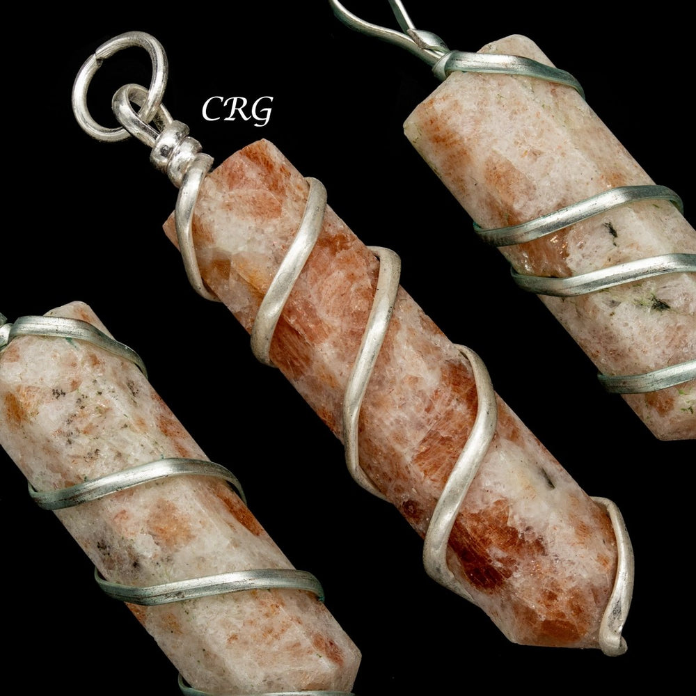 Sunstone Pencil Point Pendant with Silver Wire Wrapping (1 inch) (4 Pcs)