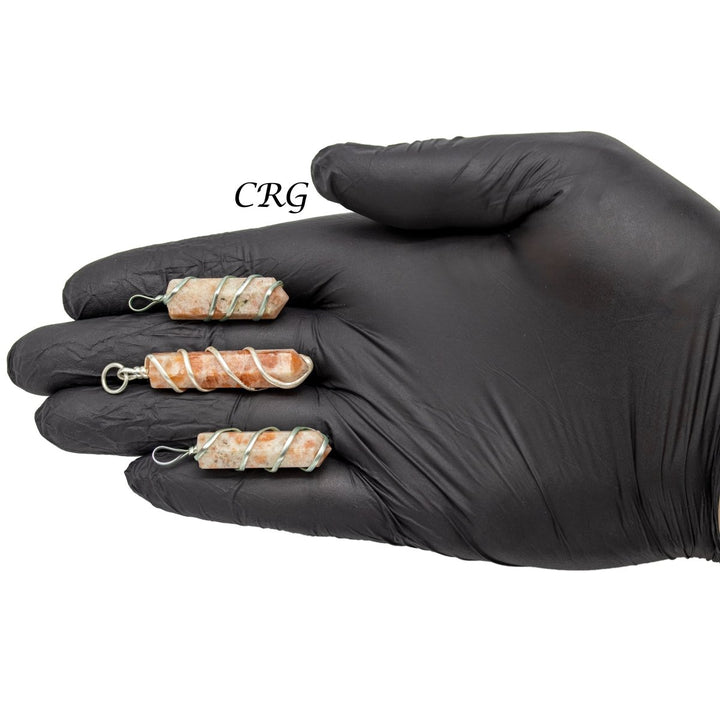 Sunstone Pencil Point Pendant with Silver Wire Wrapping (1 inch) (4 Pcs)Crystal River Gems