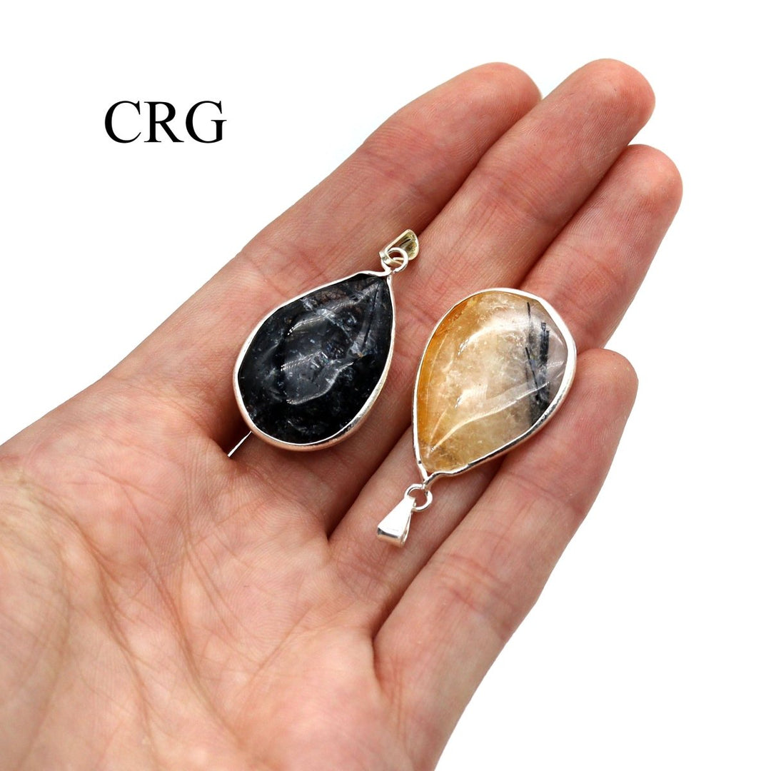 Tourmalated Quartz Teardrop Pendant with Silver Bail (1 Piece) Size 1 to 2 Inches Crystal Jewelry CharmCrystal River Gems