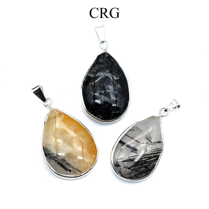 Tourmalated Quartz Teardrop Pendant with Silver Bail (1 Piece) Size 1 to 2 Inches Crystal Jewelry CharmCrystal River Gems