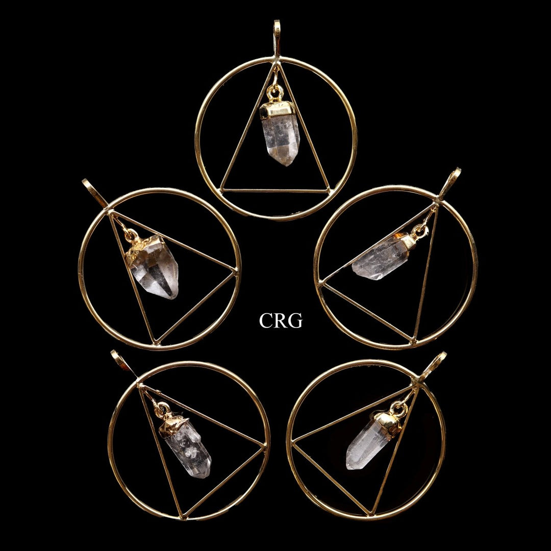 Triangle in Ring Pendant with Quartz Point (1-2 in) Gold-Plated Crystal Jewelry Charm (4 pcs)