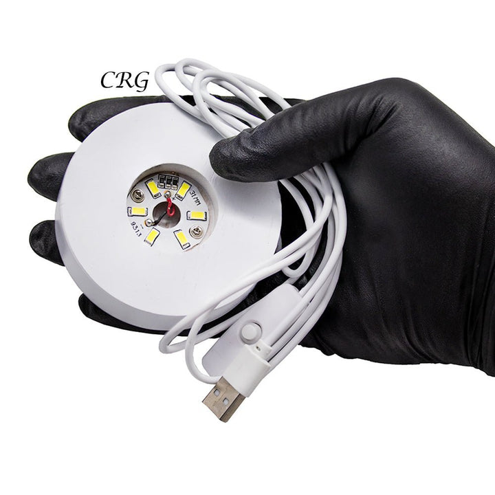 White Round Wooden Light Display Box with USB Plug (1 Piece) Size 3 Inches Flat Display LightCrystal River Gems