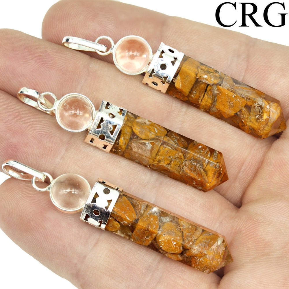 Yellow Jasper Pendant (1 Inch) (4 Pcs) Silver - Plated 6 - Sided Small Yellow Jasper Orgonite/Orgone Point Charm with Crystal BallCrystal River Gems