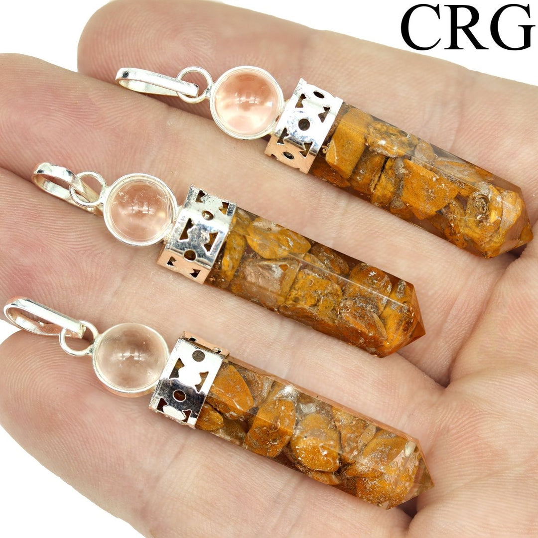 Yellow Jasper Pendant (1 Inch) (4 Pcs) Silver - Plated 6 - Sided Small Yellow Jasper Orgonite/Orgone Point Charm with Crystal BallCrystal River Gems