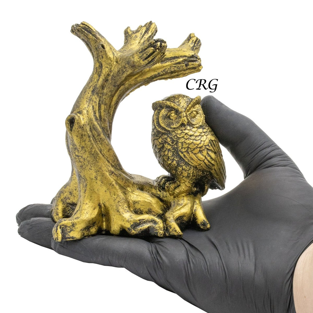Yellow Owl and Branch Sphere Holder Stand (1 Piece) Size 4.5 Inches Carving DisplayCrystal River Gems