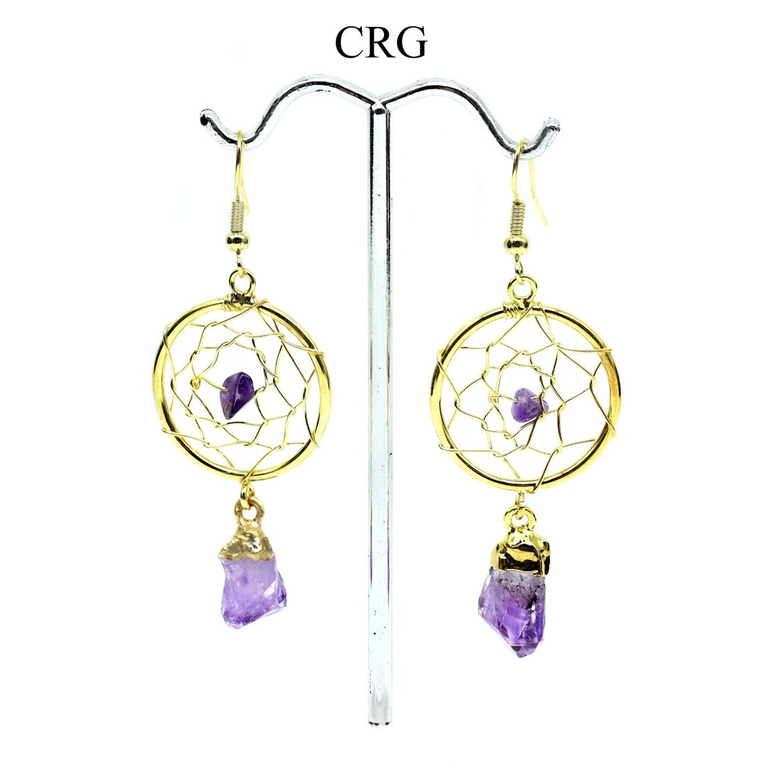 Amethyst Dream Catcher Earrings with Gold Plated Wire (1 Pair) Wholesale Crystal Gemstone JewelryCrystal River Gems