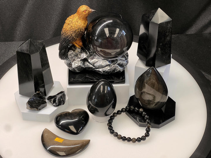 Gold Sheen Obsidian Crystal Bundle Lot (13 Pieces) Bulk Wholesale Gemstone Décor Collection