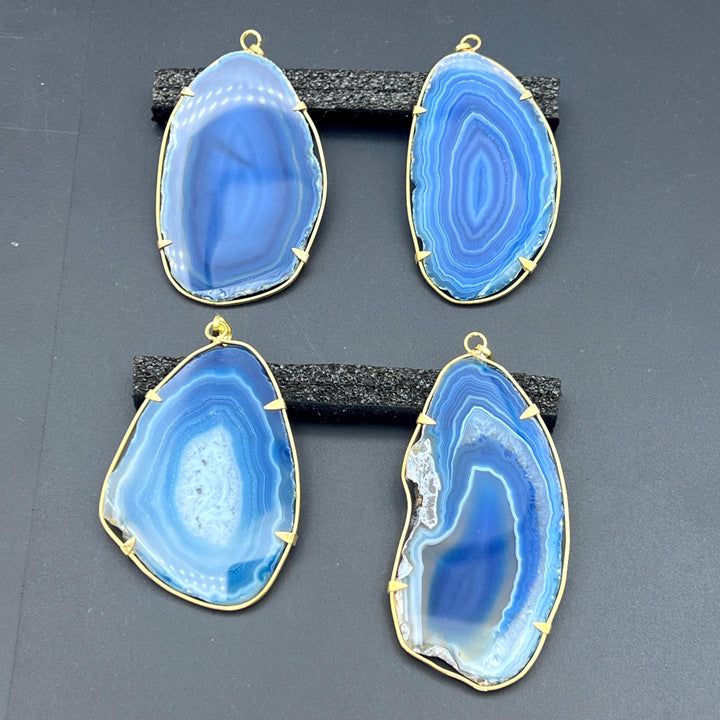 Blue Agate Slice Gold Plated Prong Pendant