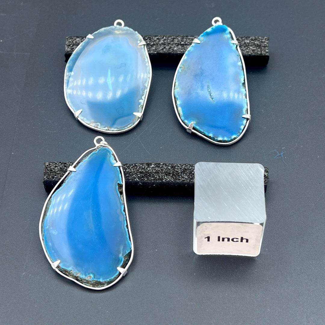 Teal Agate Slice Silver Plated Prong Pendant