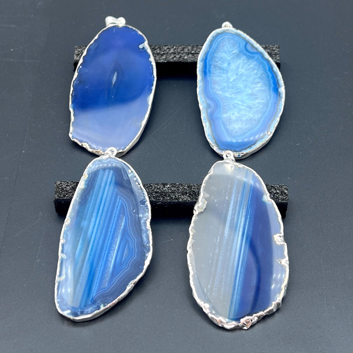 Blue Agate Slice Silver Plated Pendant