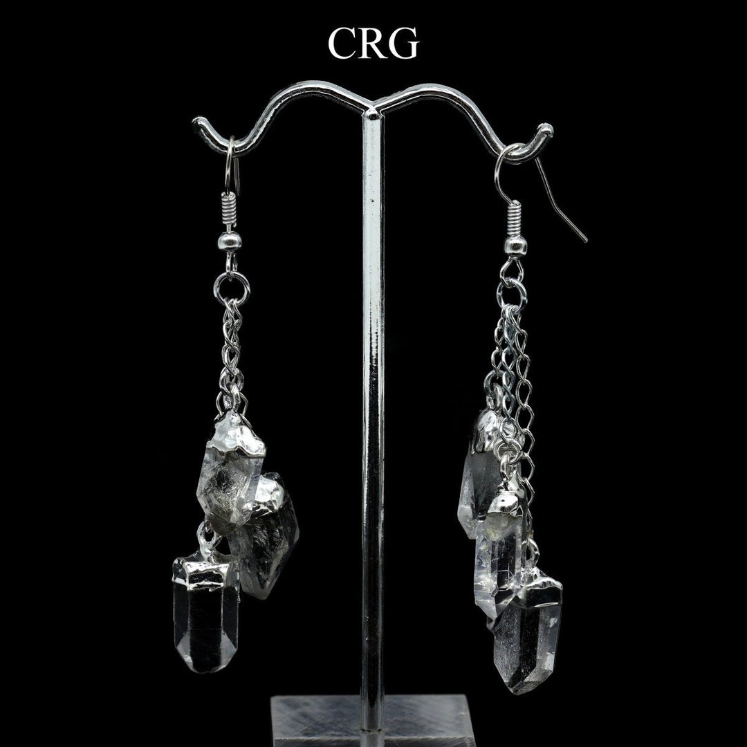 3-Point Clear Quartz Dangle Earrings with Silver Plating (2 Pieces) Size 2 Inches Crystal Jewelry Charm