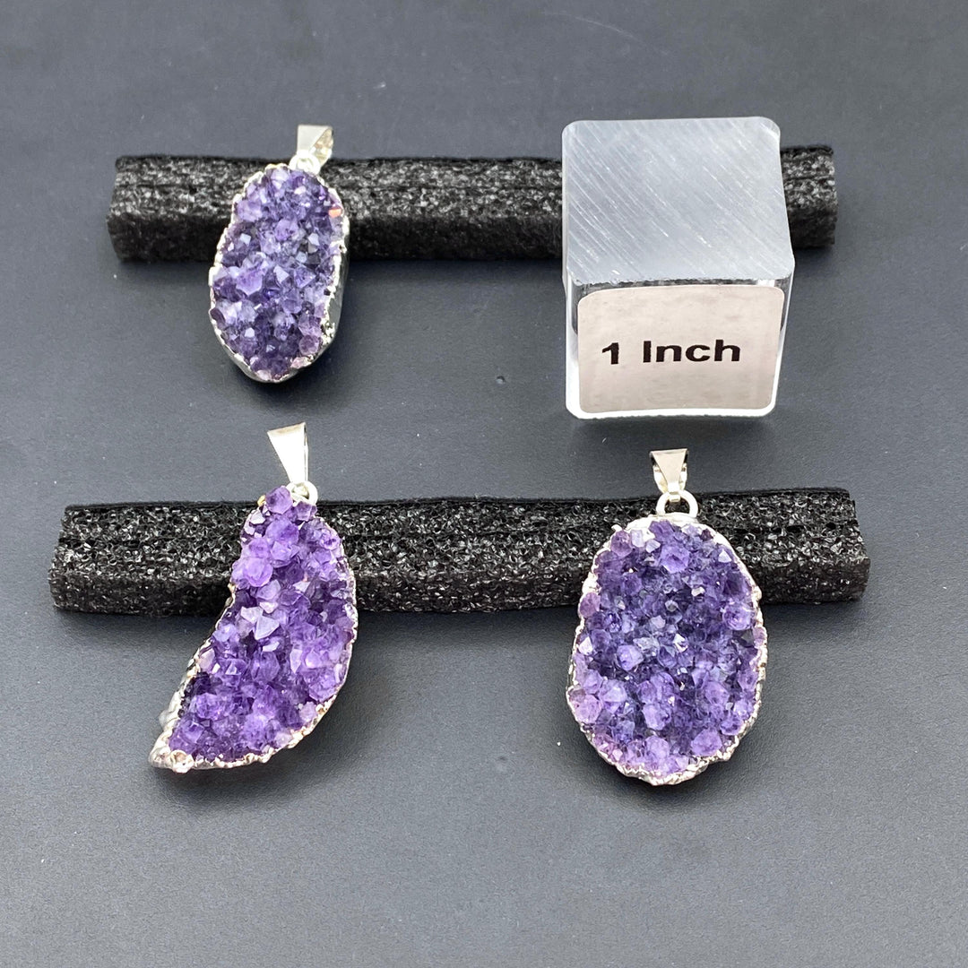 Amethyst Druzy Crystal Silver Oval Pendant