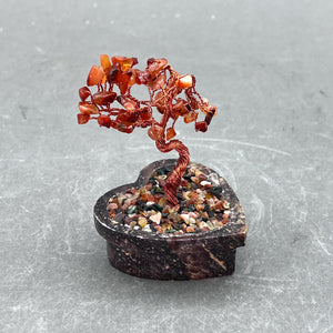 Carnelian Gemstone Chip Bonsai Tree with Soapstone Base and Copper Wire