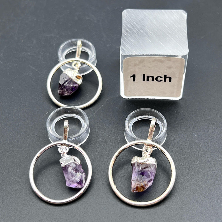 Silver Plated Ring Pendant with Raw Amethyst Dangle Point