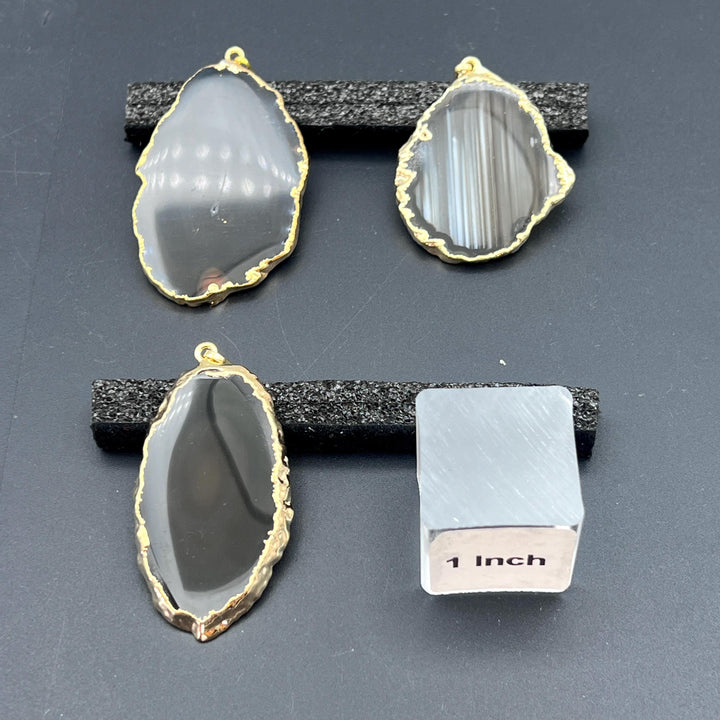 Black Agate Slice Gold Plated Pendant