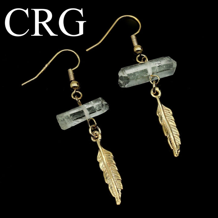 Clear Quartz Point Earrings with Gold Plated Feather Charm and Wire (1 Pair) Wholesale Crystal Gemstone JewelryCrystal River Gems