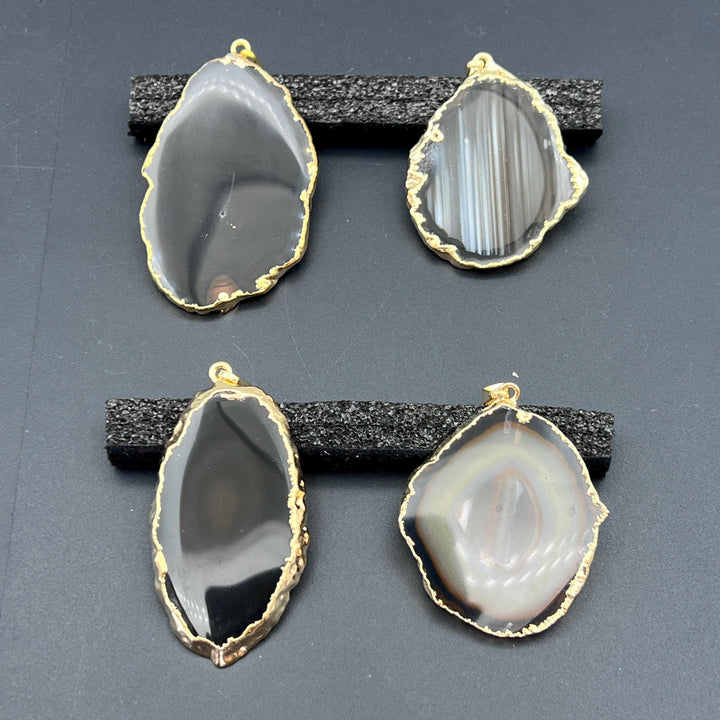 Black Agate Slice Gold Plated Pendant