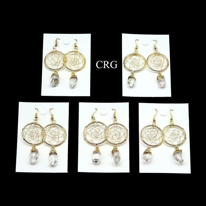 Clear Quartz Point Dream Catcher Earrings with Gold Plating (1 Pair) Wholesale Crystal Gemstone JewelryCrystal River Gems