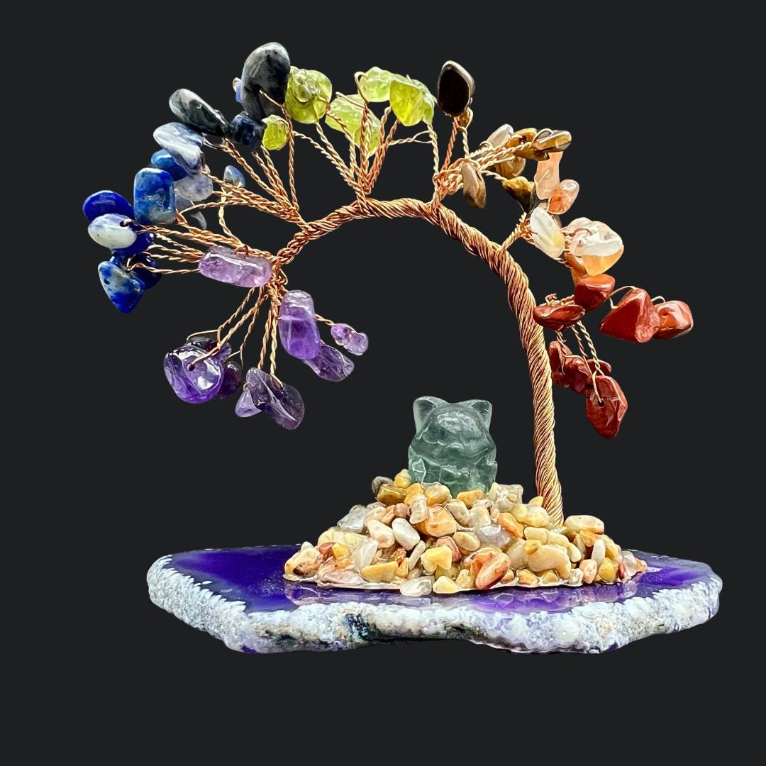 7 Stone Chip Tree with Fluorite Fox on Agate Slice BaseCrystal River Gems