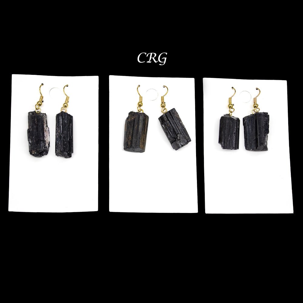 Black Tourmaline Raw Earrings with Gold Plated Wire (1 Pair) Wholesale Crystal Gemstone JewelryCrystal River Gems