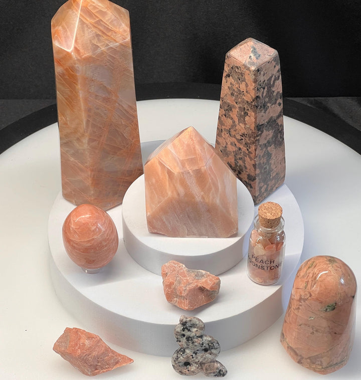 Peach Moonstone Crystal Bundle Lot (9 Pieces) Bulk Wholesale Gemstone Décor Collection