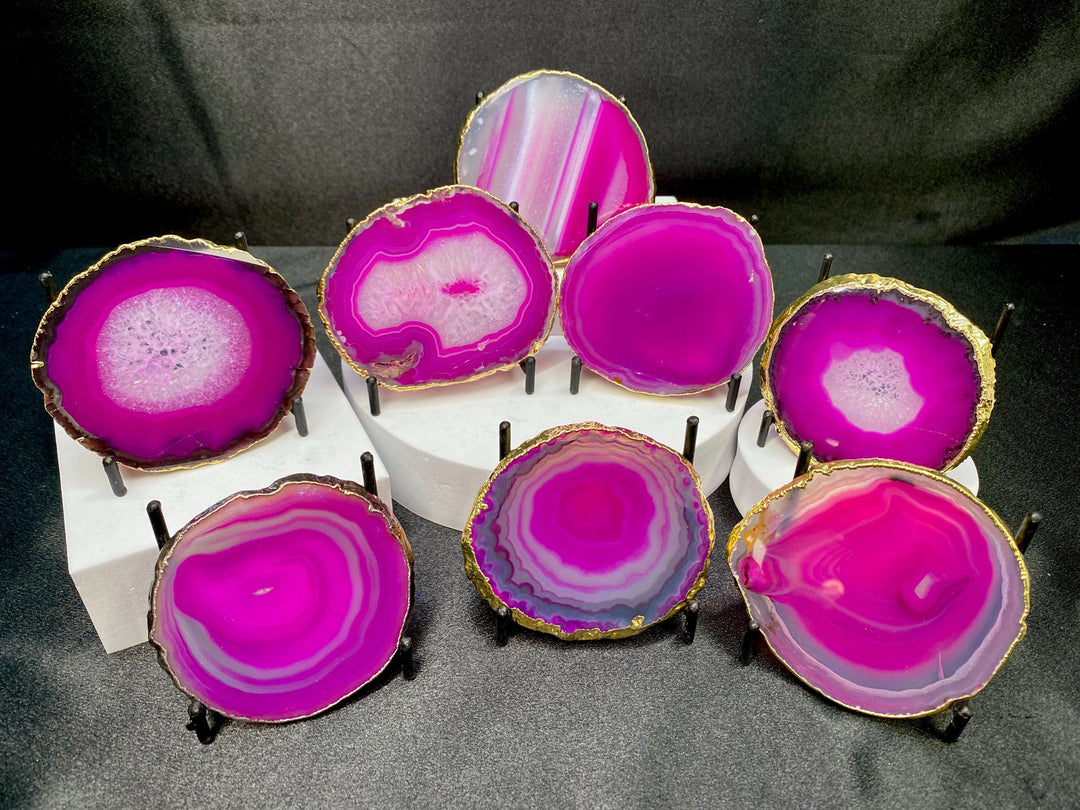 Agate Geode Slice Crystal Pink Coaster Bundle Lot (8 Pieces) Bulk Wholesale Gemstone Décor Collection