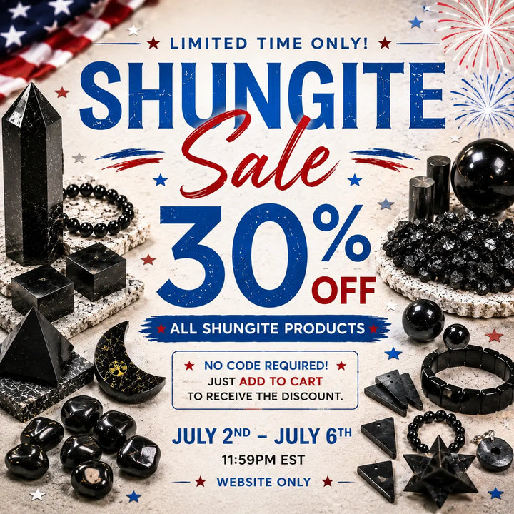 Promotional sale graphic for Shungite products with large text reading 'LIMITED TIME ONLY! SHUNGITE Sale 30% OFF' over a styled flat lay of black crystals, polished stones, beads, and a moon-shaped piece on a textured light background with patriotic red, white, and blue accents.