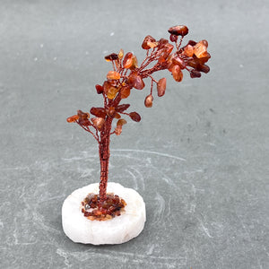 Carnelian Gemstone Chip Windblown Tree with Quartz Base and Copper Wire