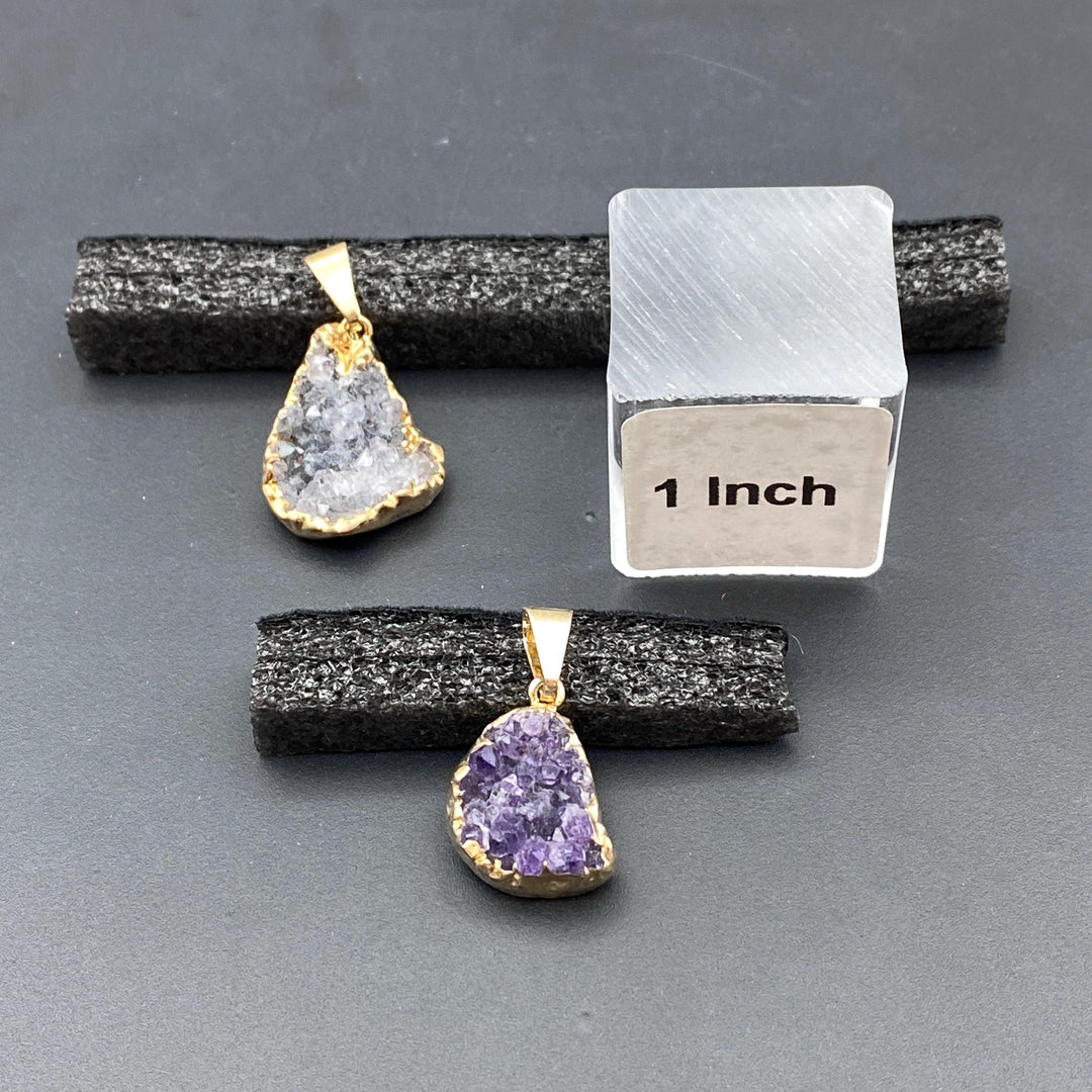 Amethyst Multicolor Druzy Crystal Gold Pendant