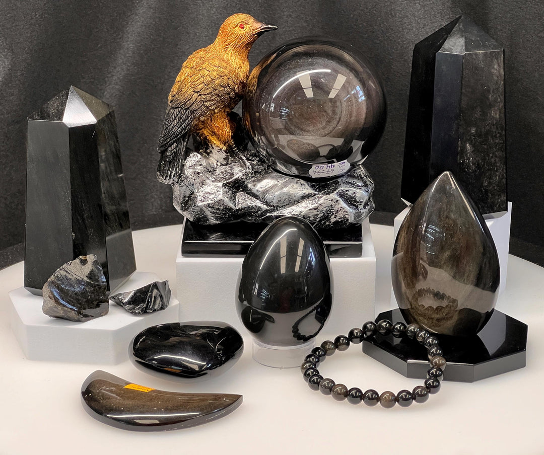 Gold Sheen Obsidian Crystal Bundle Lot (13 Pieces) Bulk Wholesale Gemstone Décor Collection