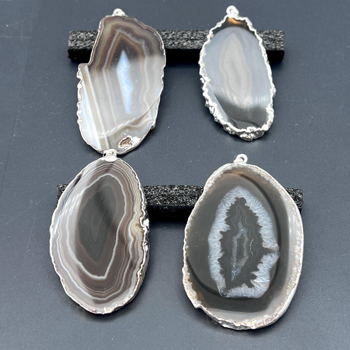 Black Agate Slice Silver Plated Pendant