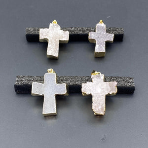 Agate Druzy Crystal Cross Gold Pendant
