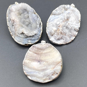 Agate Druzy Crystal Silver Plated Oval Pendant