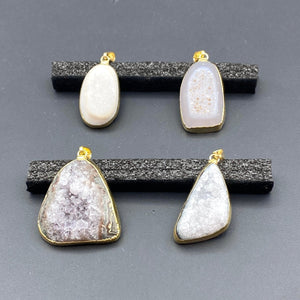 Agate Druzy Polished Crystal Cabochon Gold Pendant