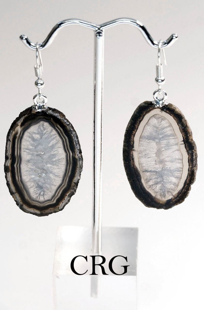 Agate Slice Plain Earrings with Silver Plated Wire 1 to 2 Inches (1 Pair)Crystal River Gems