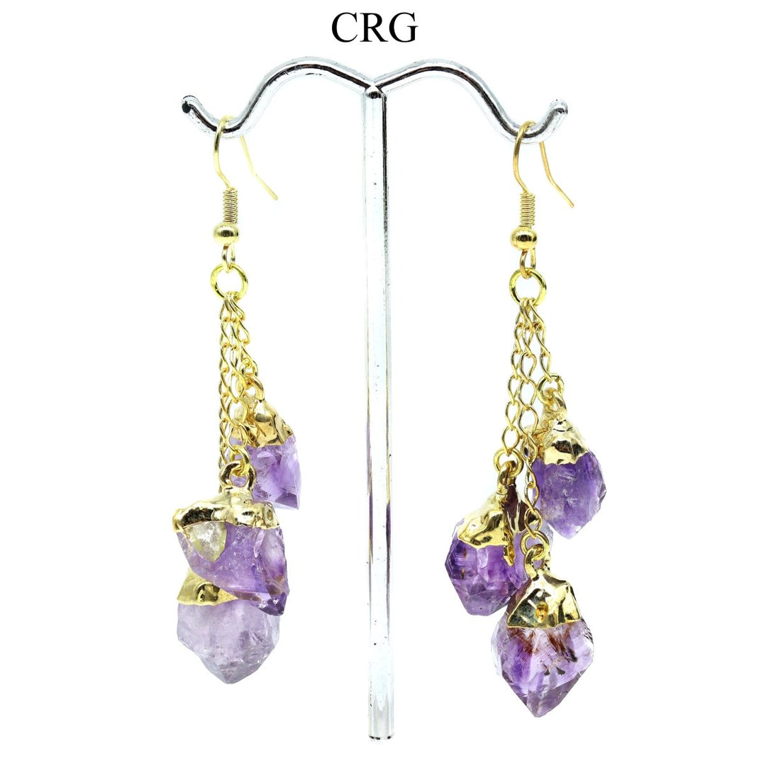 Amethyst 3-Point Dangle Earrings with Gold Plating (2 Pieces) Size 1.5 to 2.5 Inches Crystal Jewelry