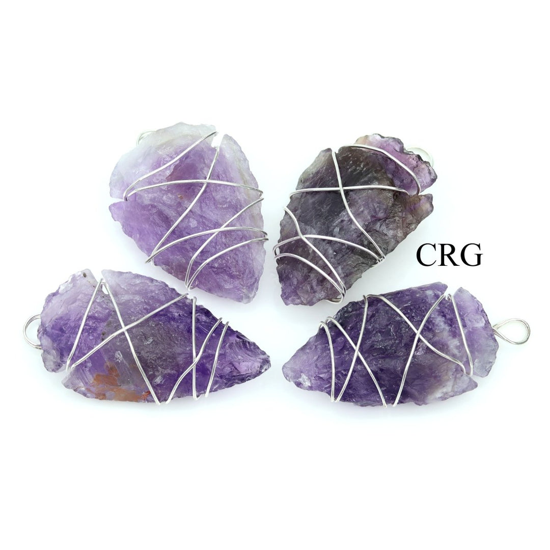 Amethyst Arrowhead Pendants with Silver - Plated Wire Wrapping (4 Pieces) Size 1.5 Inches Crystal Jewelry CharmCrystal River Gems