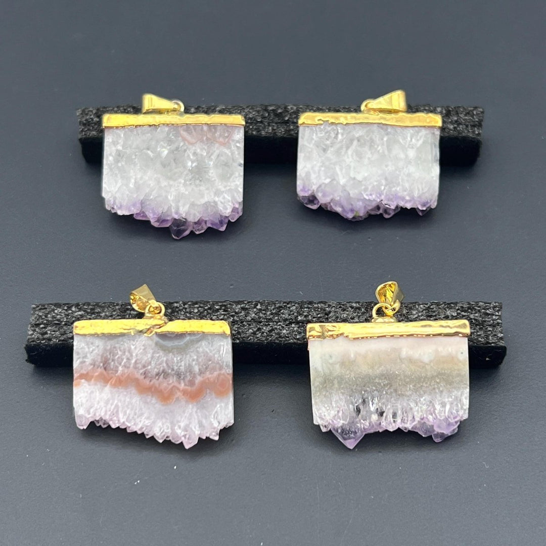 Amethyst Druzy Crystal Rectangle Slice Gold PendantCrystal River Gems