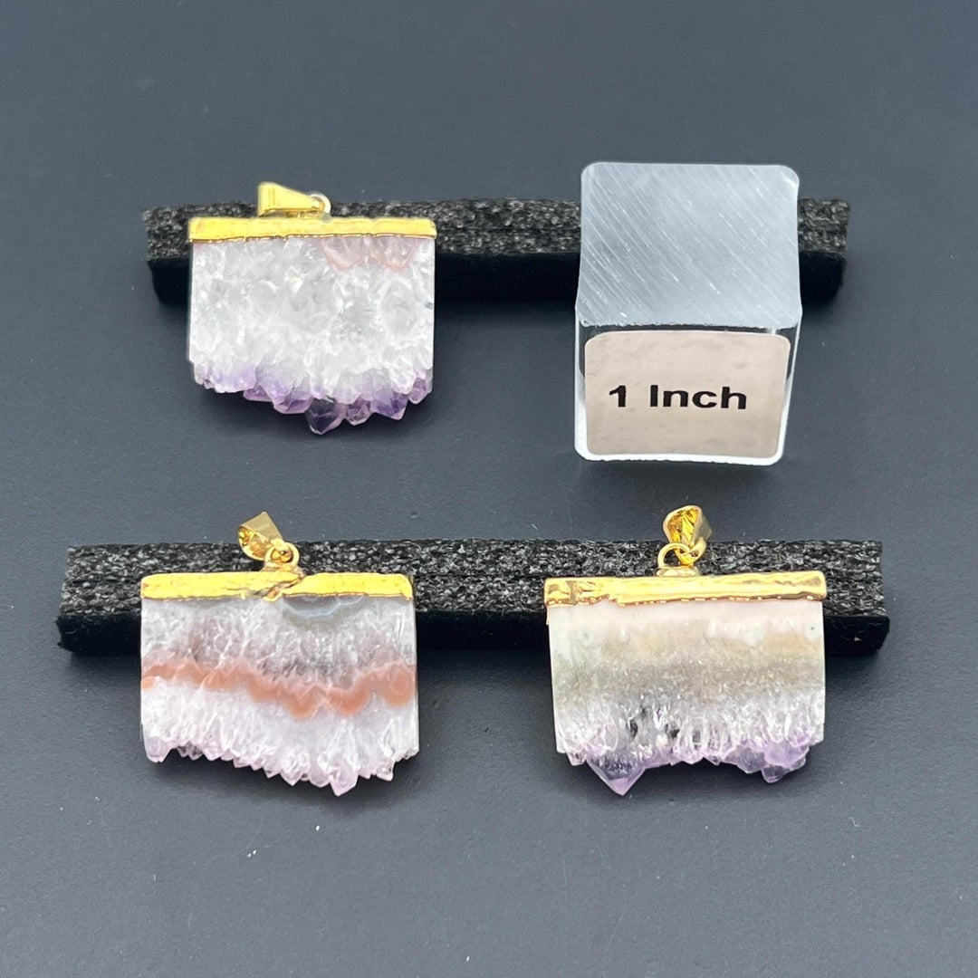 Amethyst Druzy Crystal Rectangle Slice Gold PendantCrystal River Gems