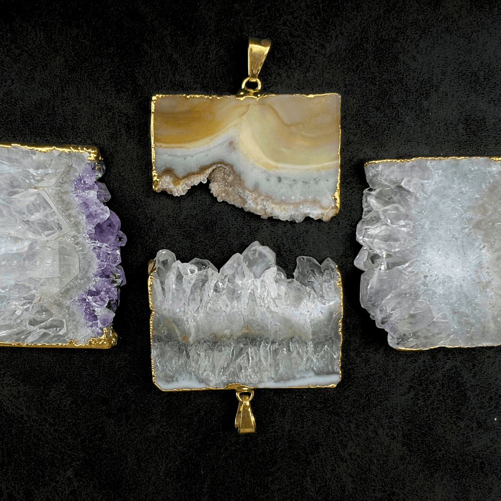 Amethyst Druzy Crystal Rectangle Slice Gold PendantCrystal River Gems